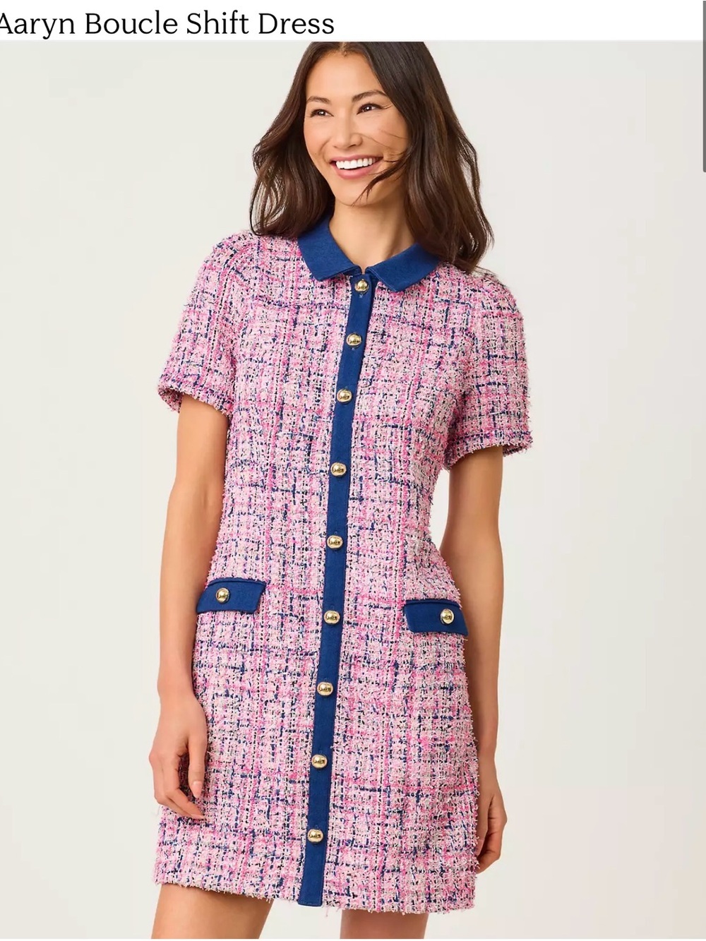 Lily Pulitzer Aaryn Boucle Shift Dress - Pink with Navy Trim and Gold Hardware